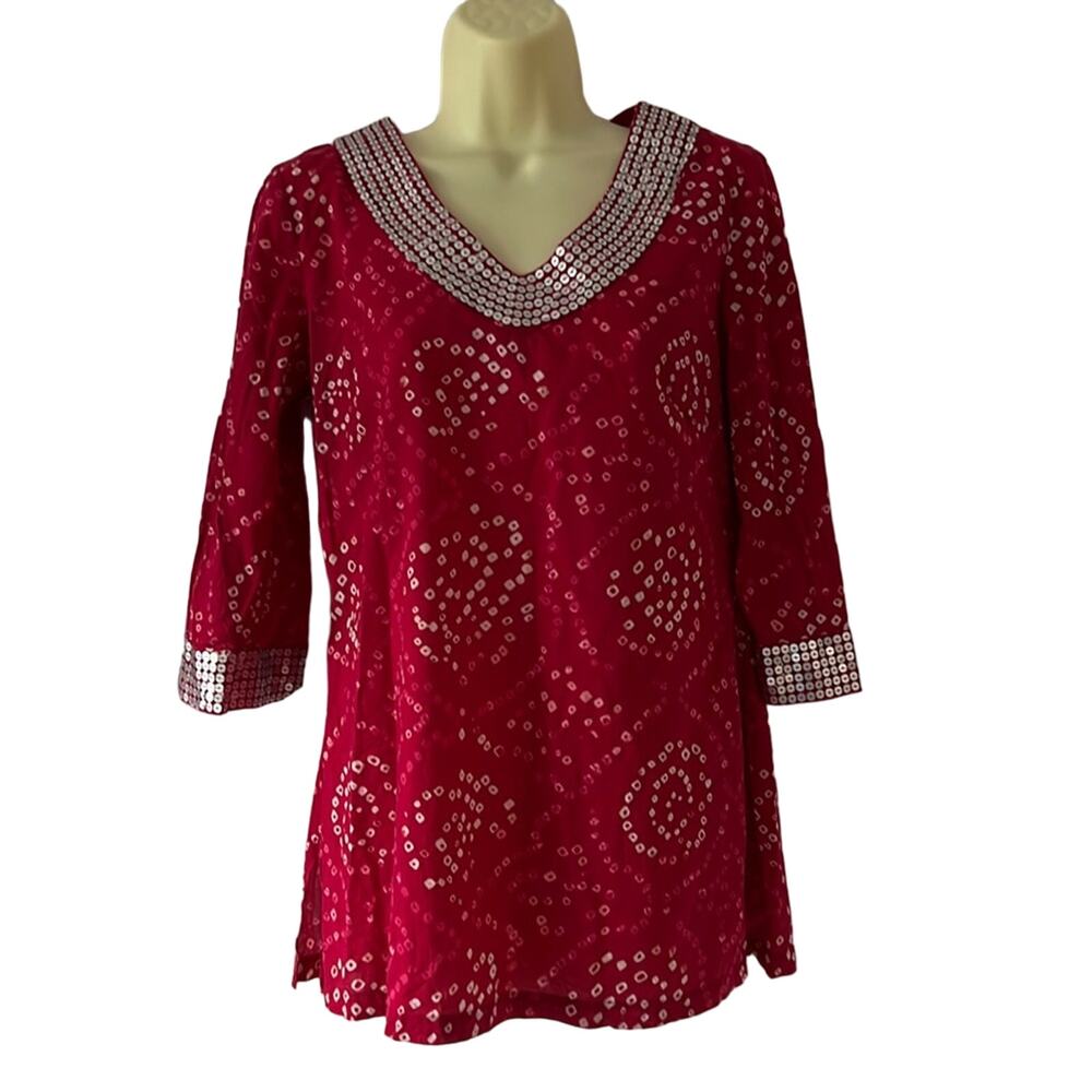 Calypso St Barth Target Batik Look Sequin Trimmed Tunic Blouse Woman's Small